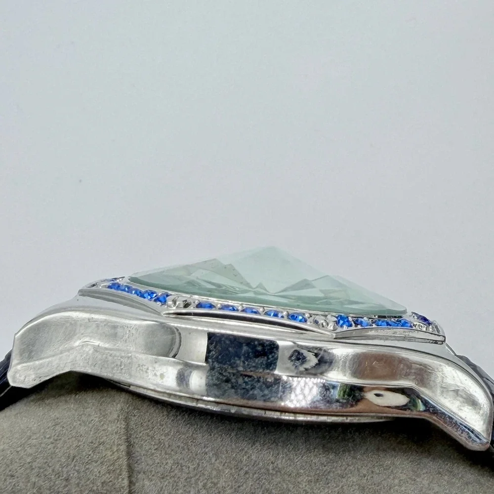 Blingster Crystal Bezel Mens Quartz Silver Steel Blue‎ Leather Rhinestone Watch